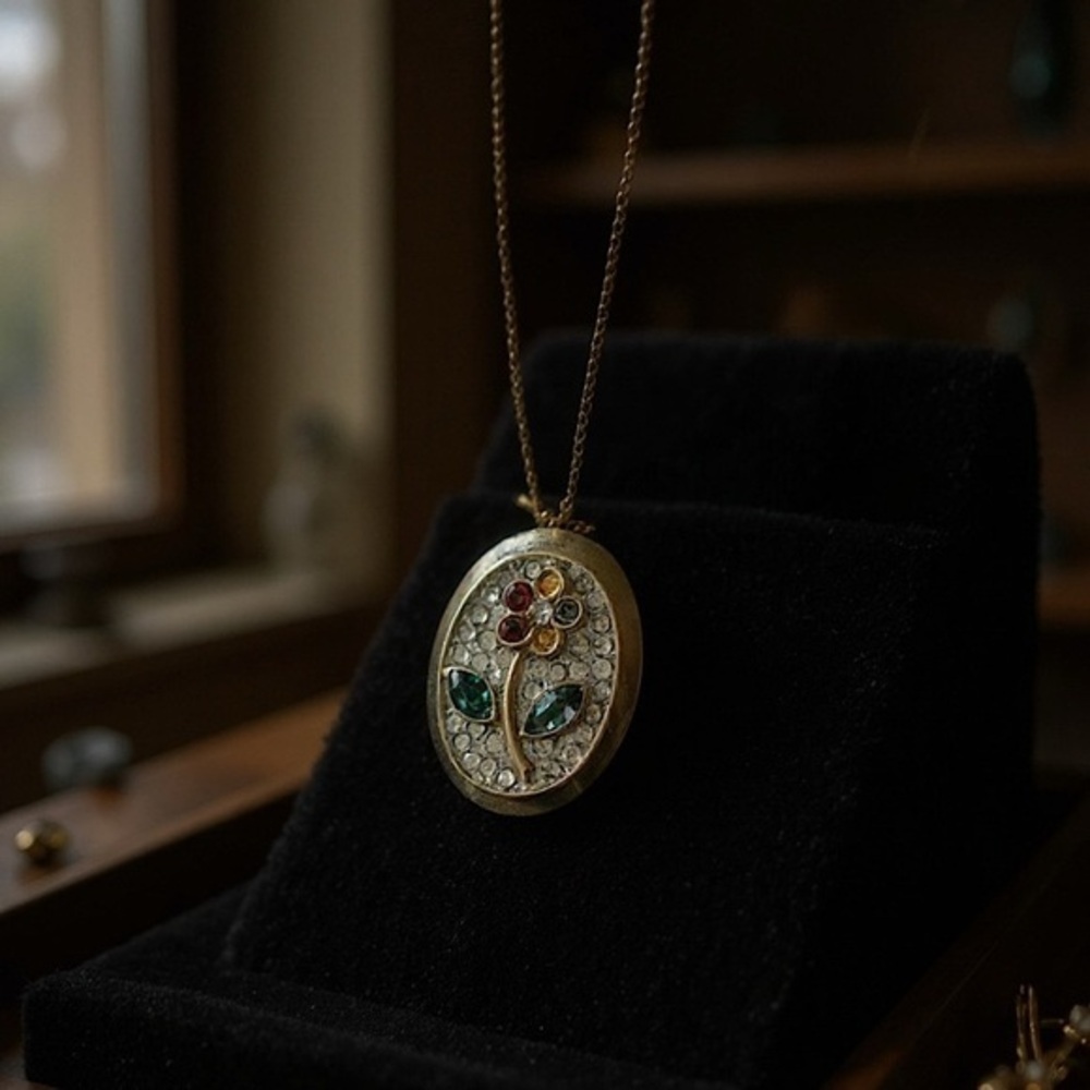 Vintage Nakagawa Corporation Floral pavé 18kt gold plate pendant necklace 🌺